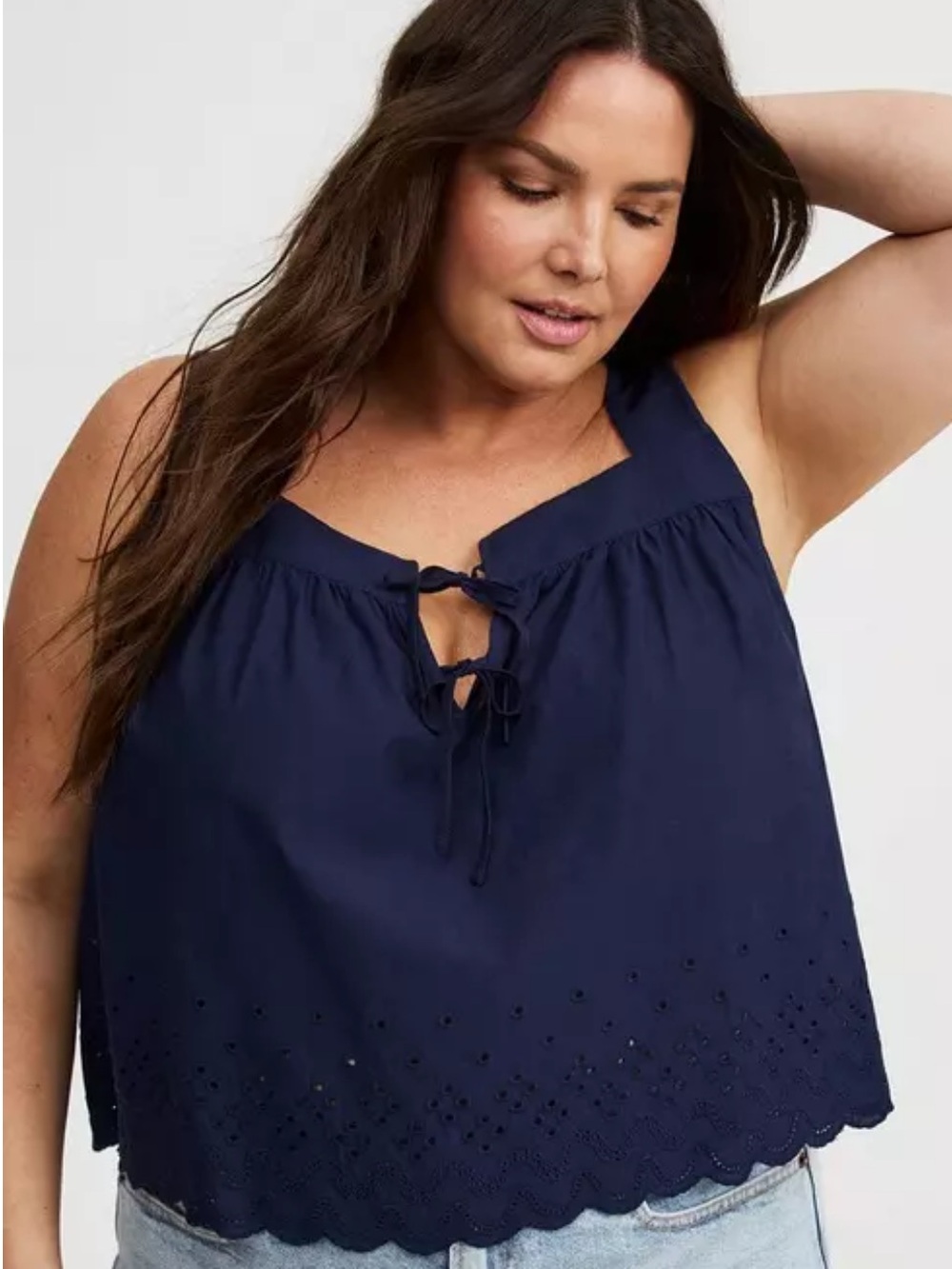 Torrid Eyelet Trim Front-Tie Top In Navy Size 1X Plus Size 100% Cotton